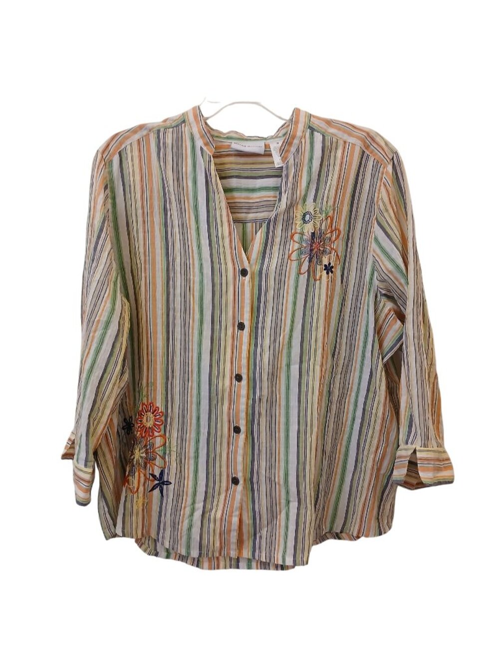 Alfred Dunner Womens Sz 18 Embroidered Striped Button Blouse 3/4 Sleeve #I-7